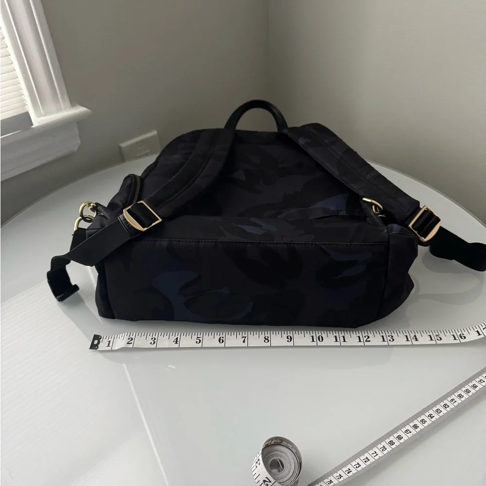 TUMI Backpack Black Camo Nylon Gold Hardware Blue Purple Accents GUC